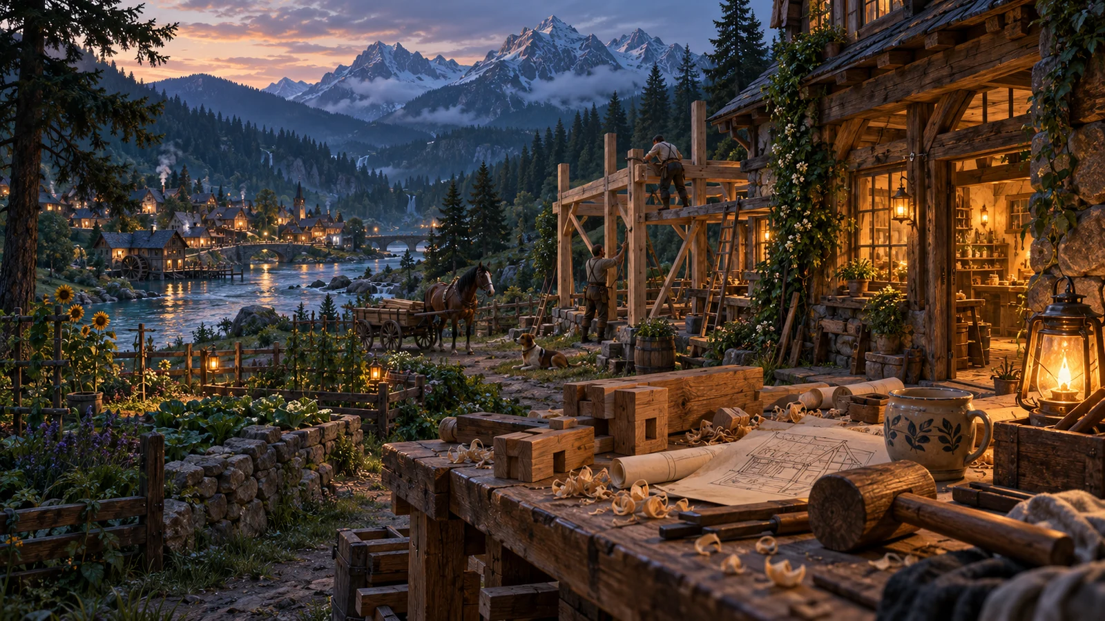 A lantern-lit timber workshop, a house under construction and a riverside settlement